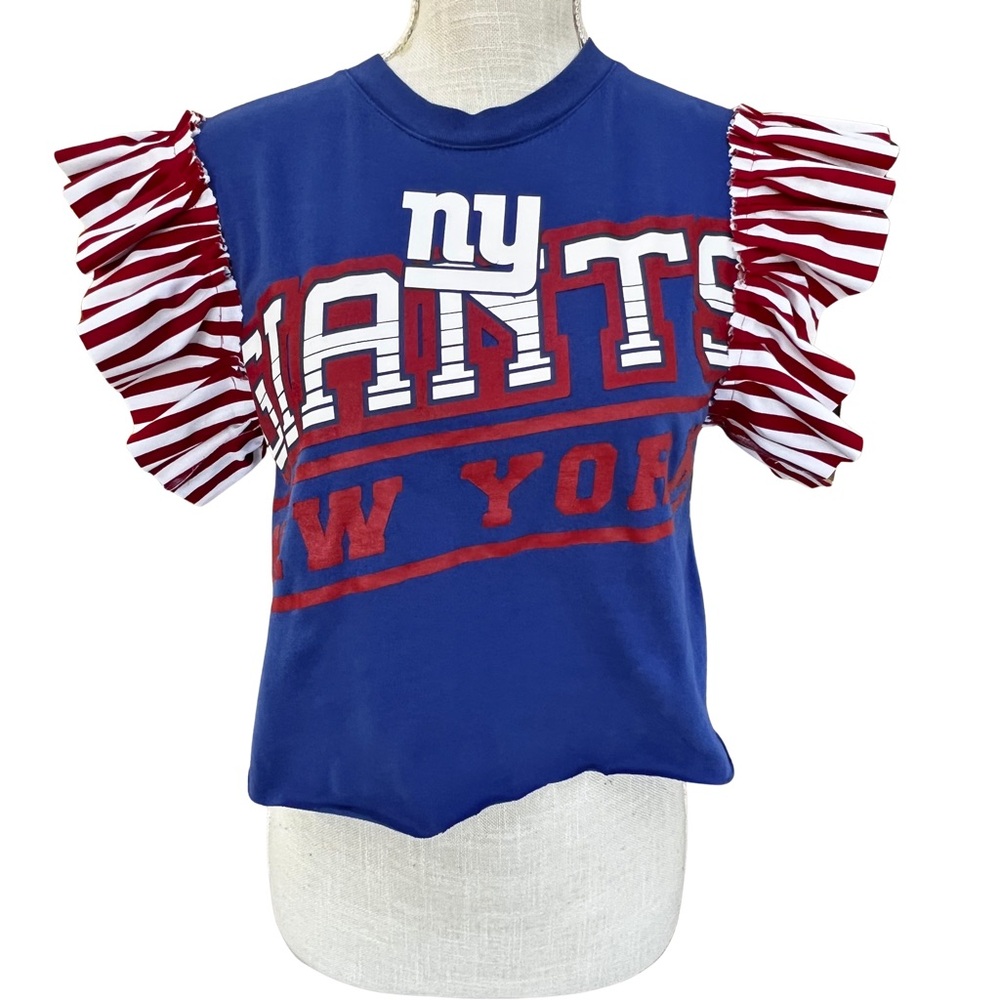 Vintage Upcycled Blue and Red NY Giants T-Shirt with Ruffle Sleeves - Picture 2 of 11